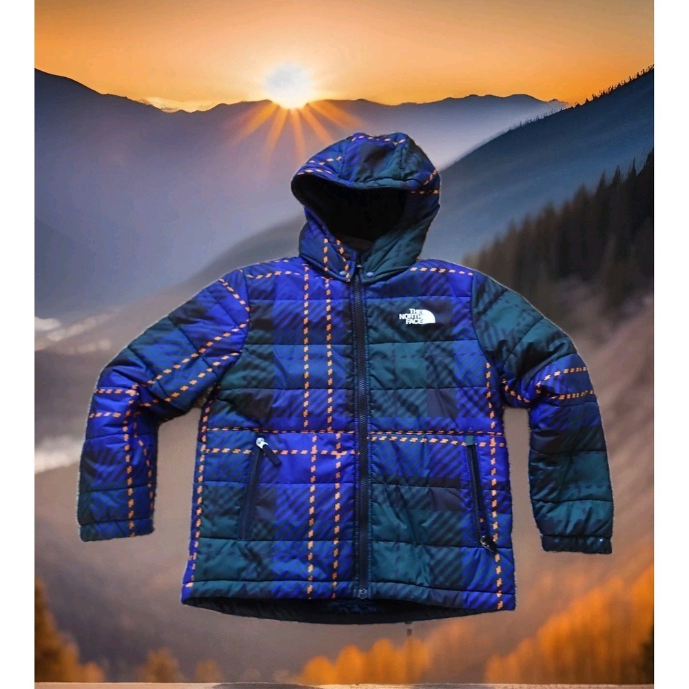 The North Face Puffer Jacket Boys 12 Blue Green Mint Plaid Hooded Fleece Lining